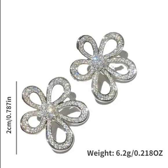 Silver plated white crystal flower earrings with silver post BOGO - Picture 3 of 9